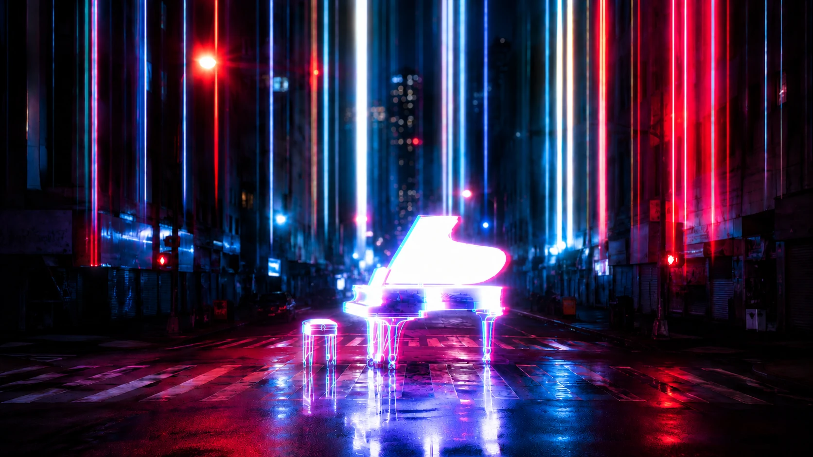 A luminous grand piano beneath audio light trails