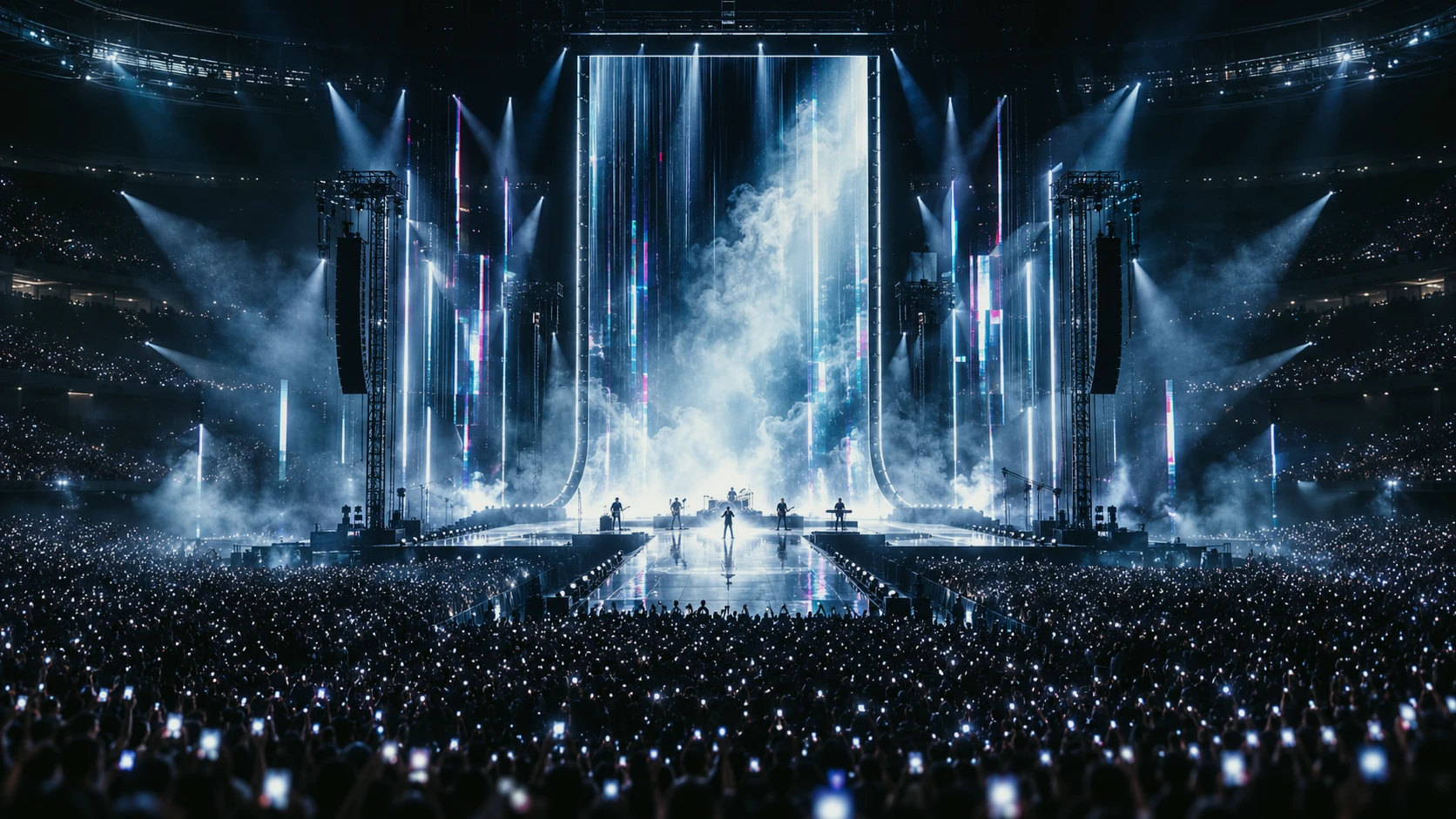 A live concert with performers, lights, and a large audience