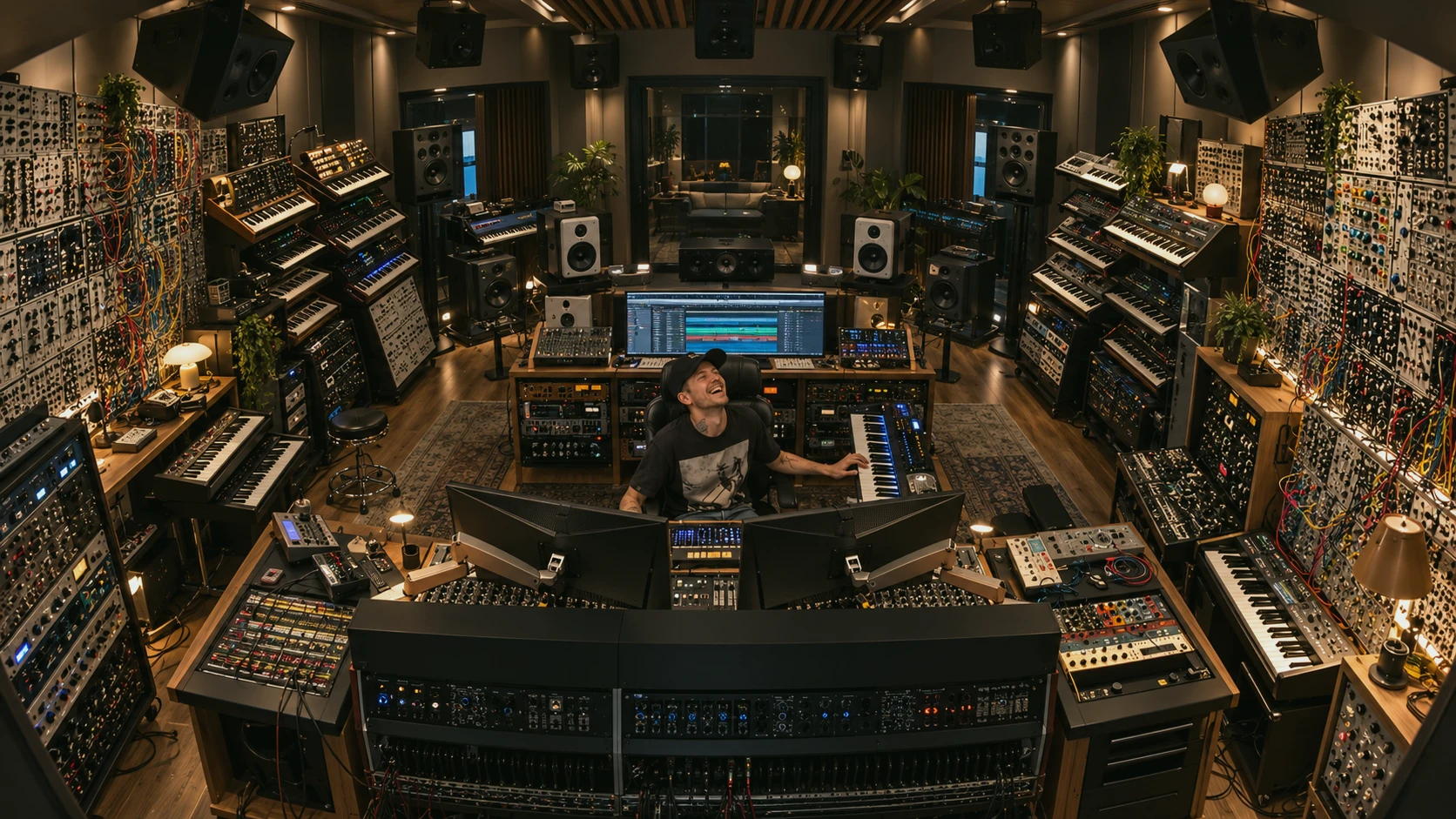 An audio engineer at a mixing console surrounded by studio equipment