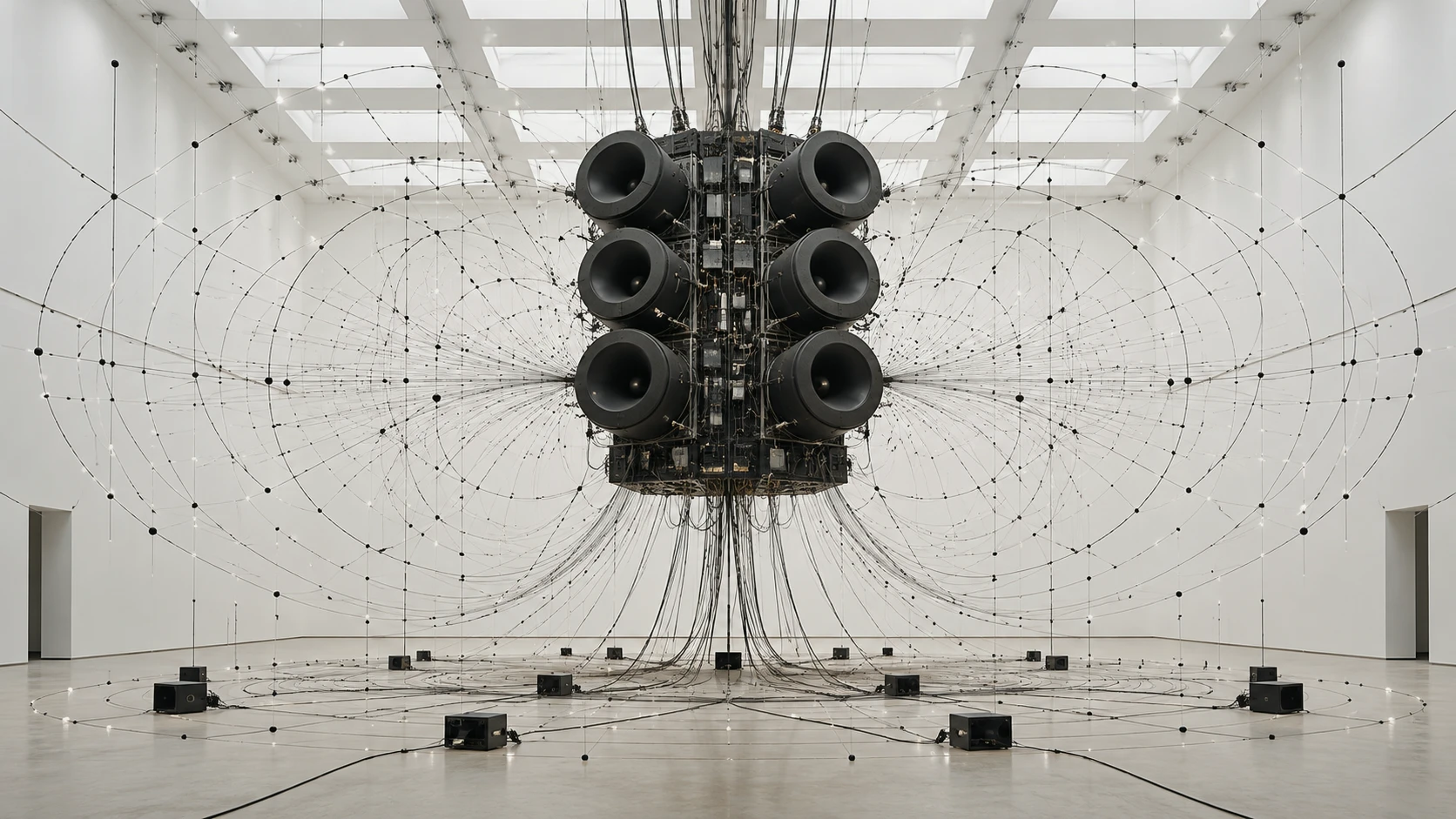 A suspended speaker array in an acoustic installation