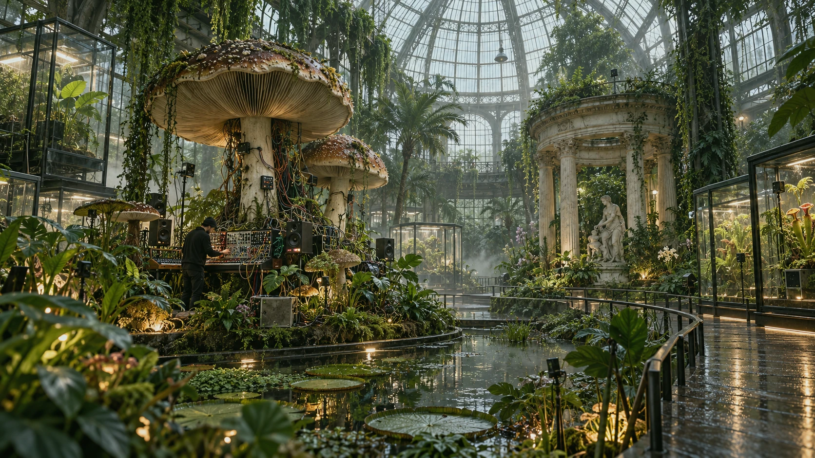 A lush botanical conservatory with an immersive sound installation