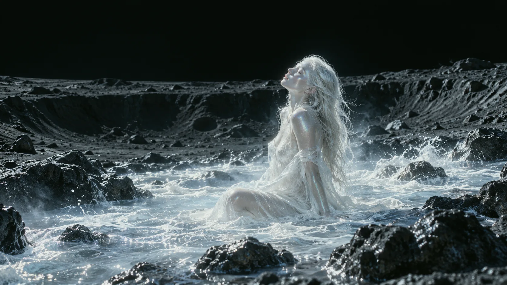 A silver figure seated in a luminous lunar landscape