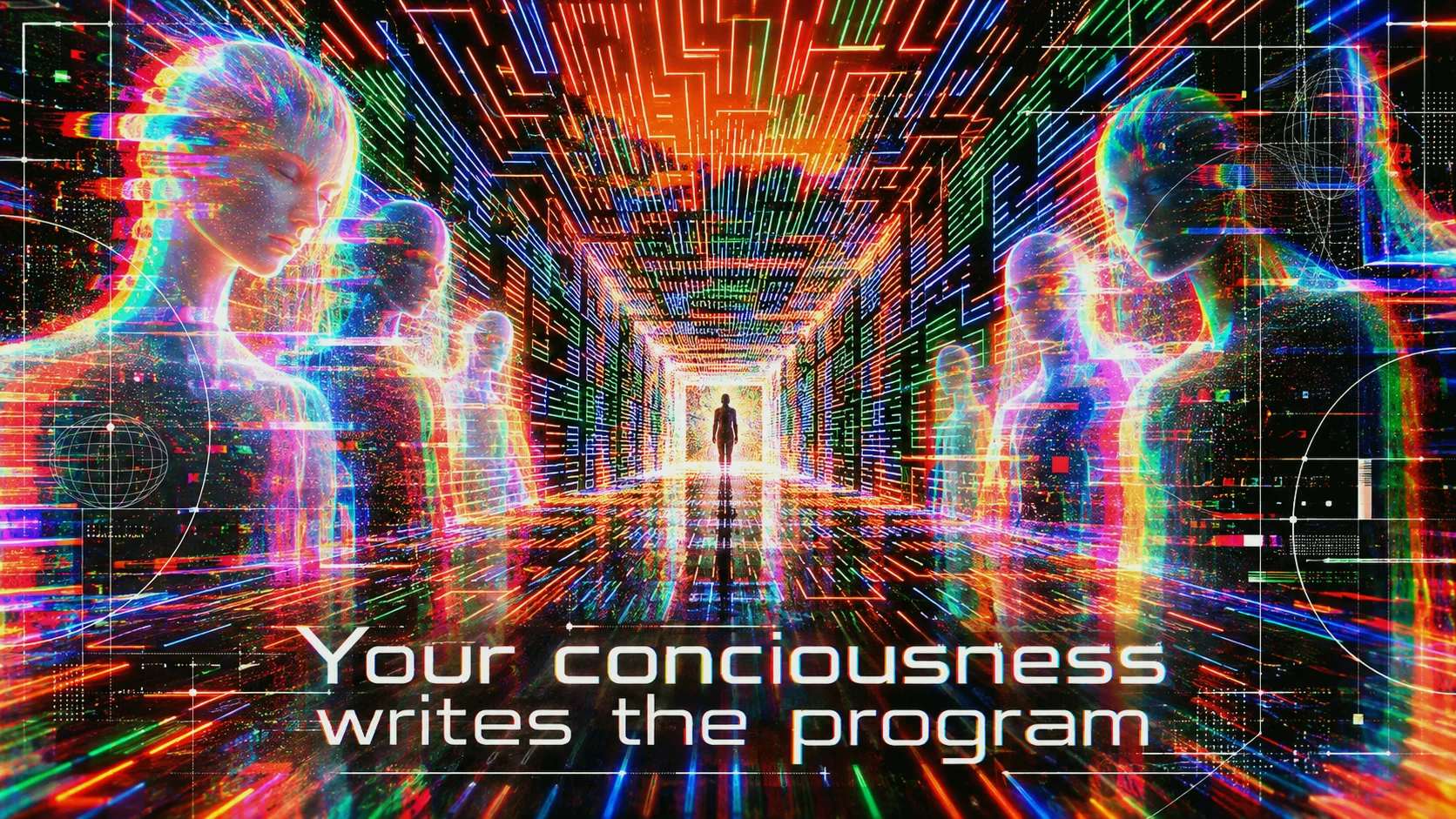 Colourful digital figures within a corridor of light