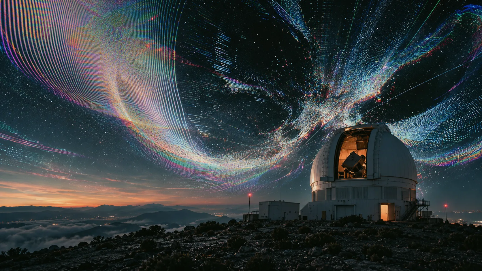 Observatory beneath a luminous encrypted signal in the night sky