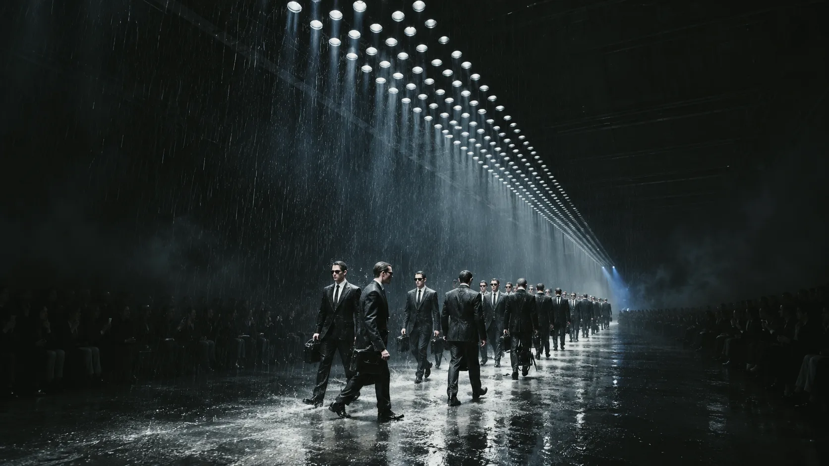 Figures moving through a dark corridor of overhead lights
