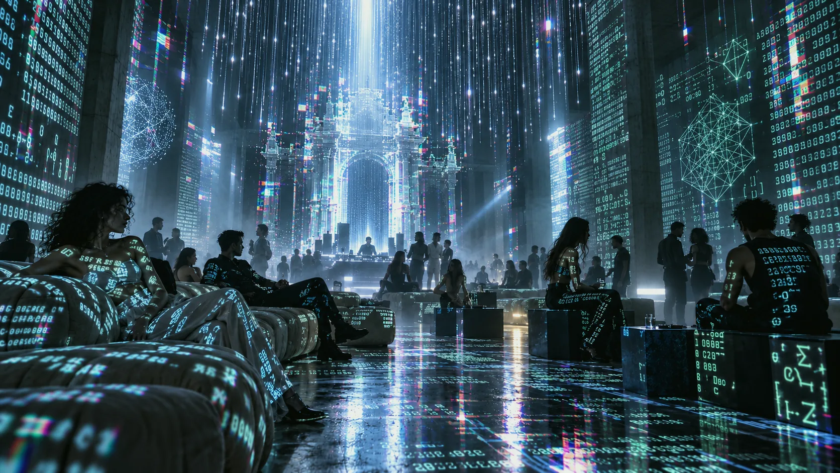 A city hall filled with layered digital signals and people