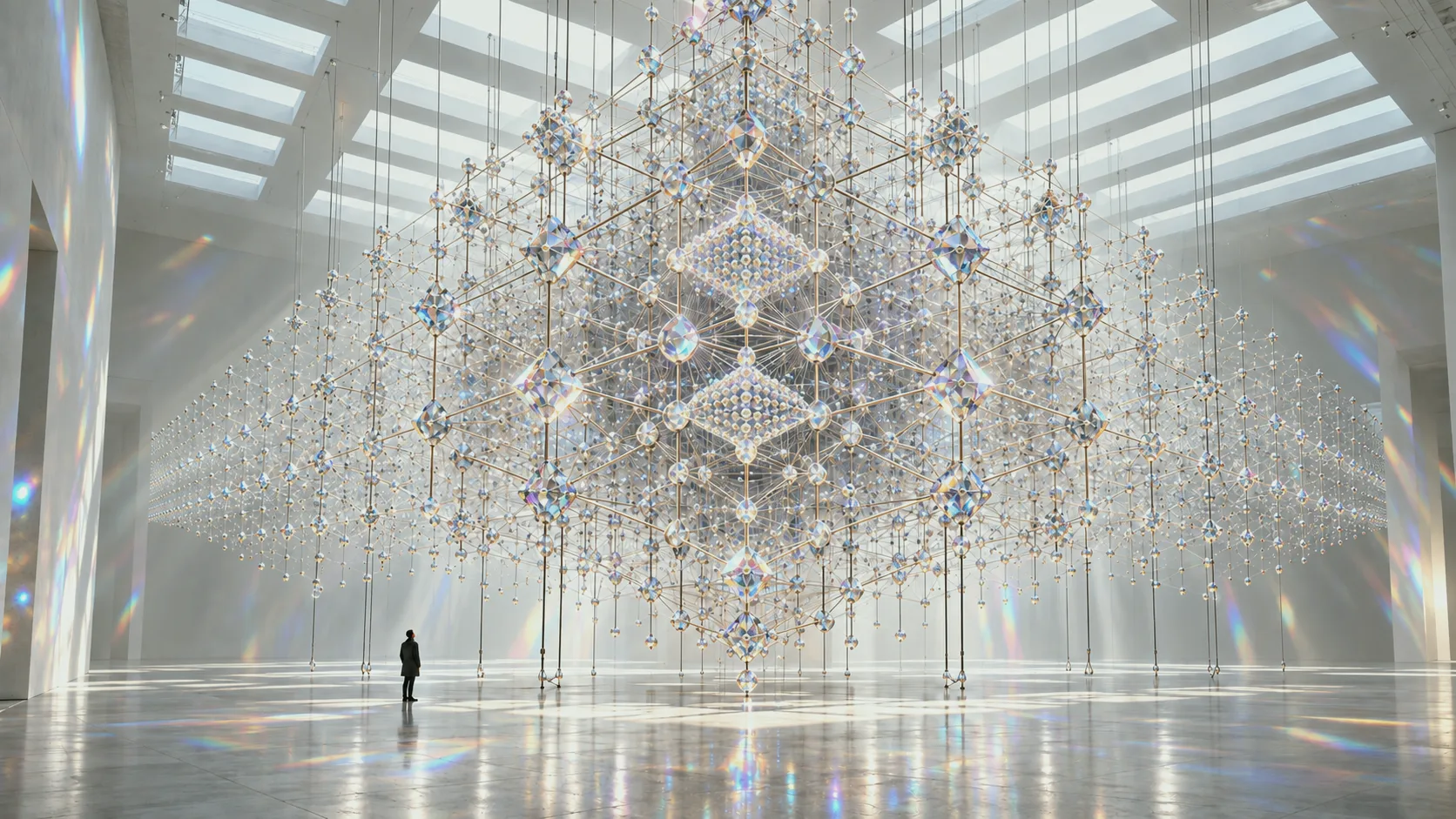 A person beneath a suspended geometric light structure