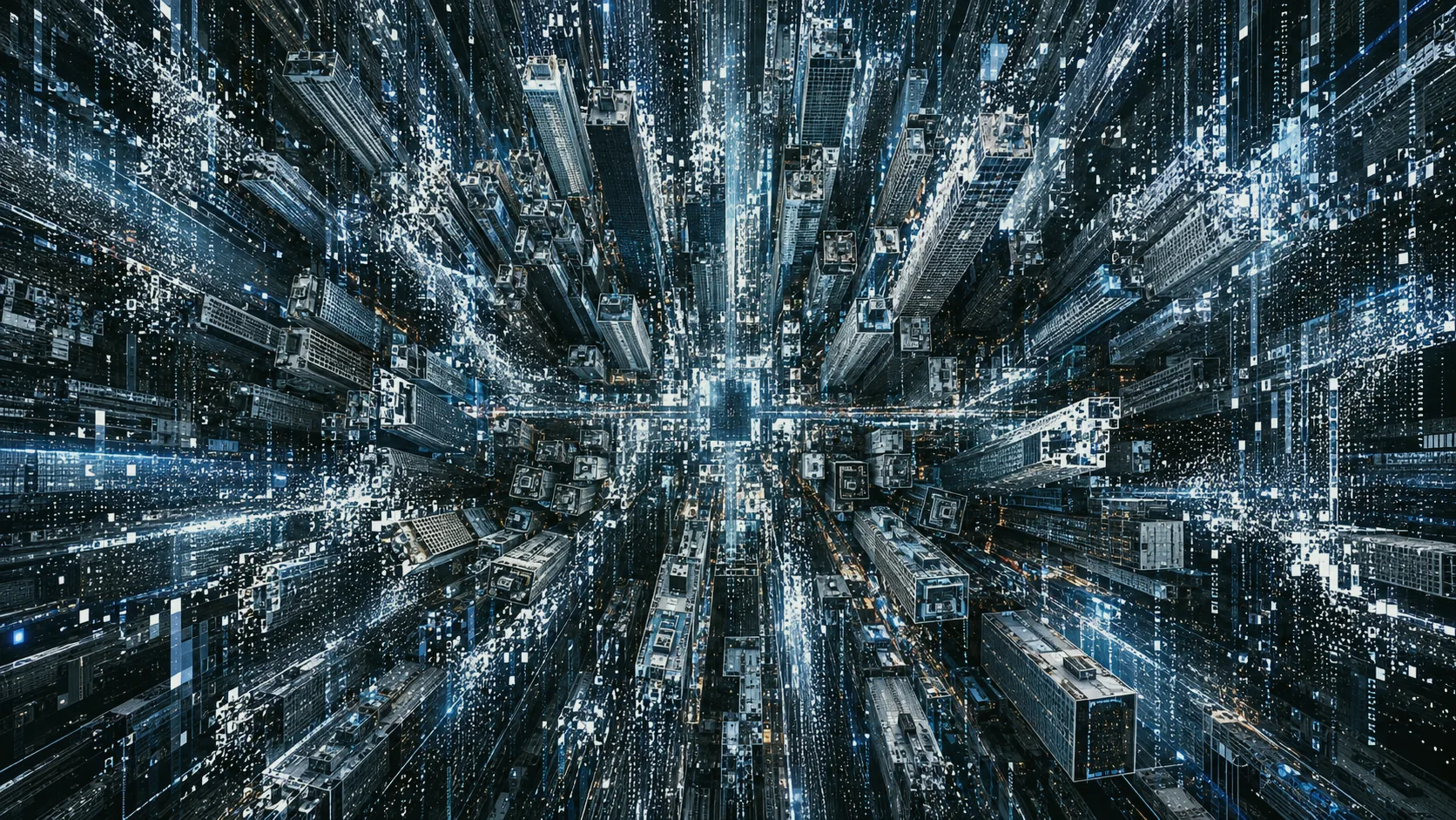 A dense city of illuminated data pathways viewed from above