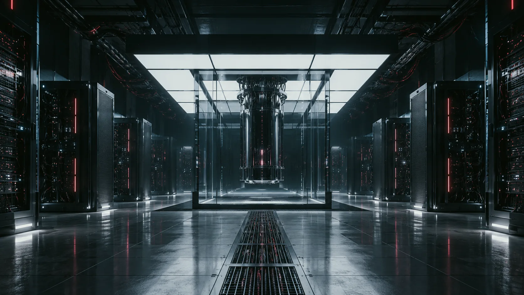 A symmetrical compute room with server racks and a central illuminated structure