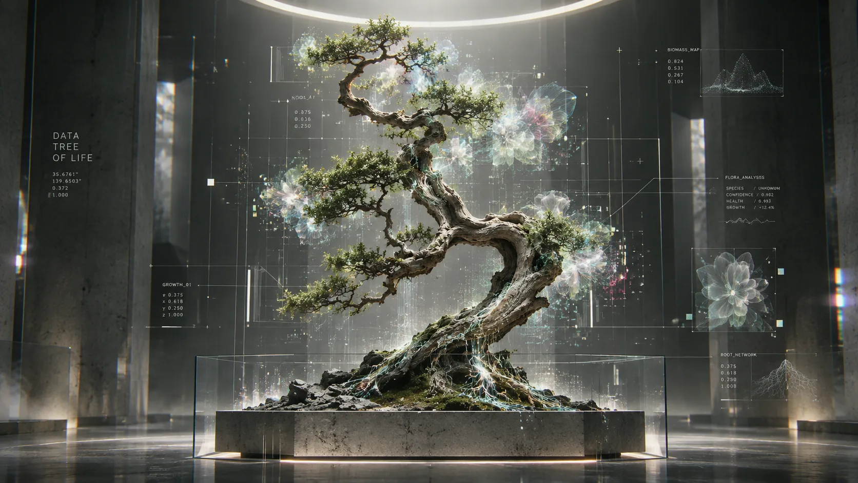 A tree surrounded by fine data visualizations in a dark gallery
