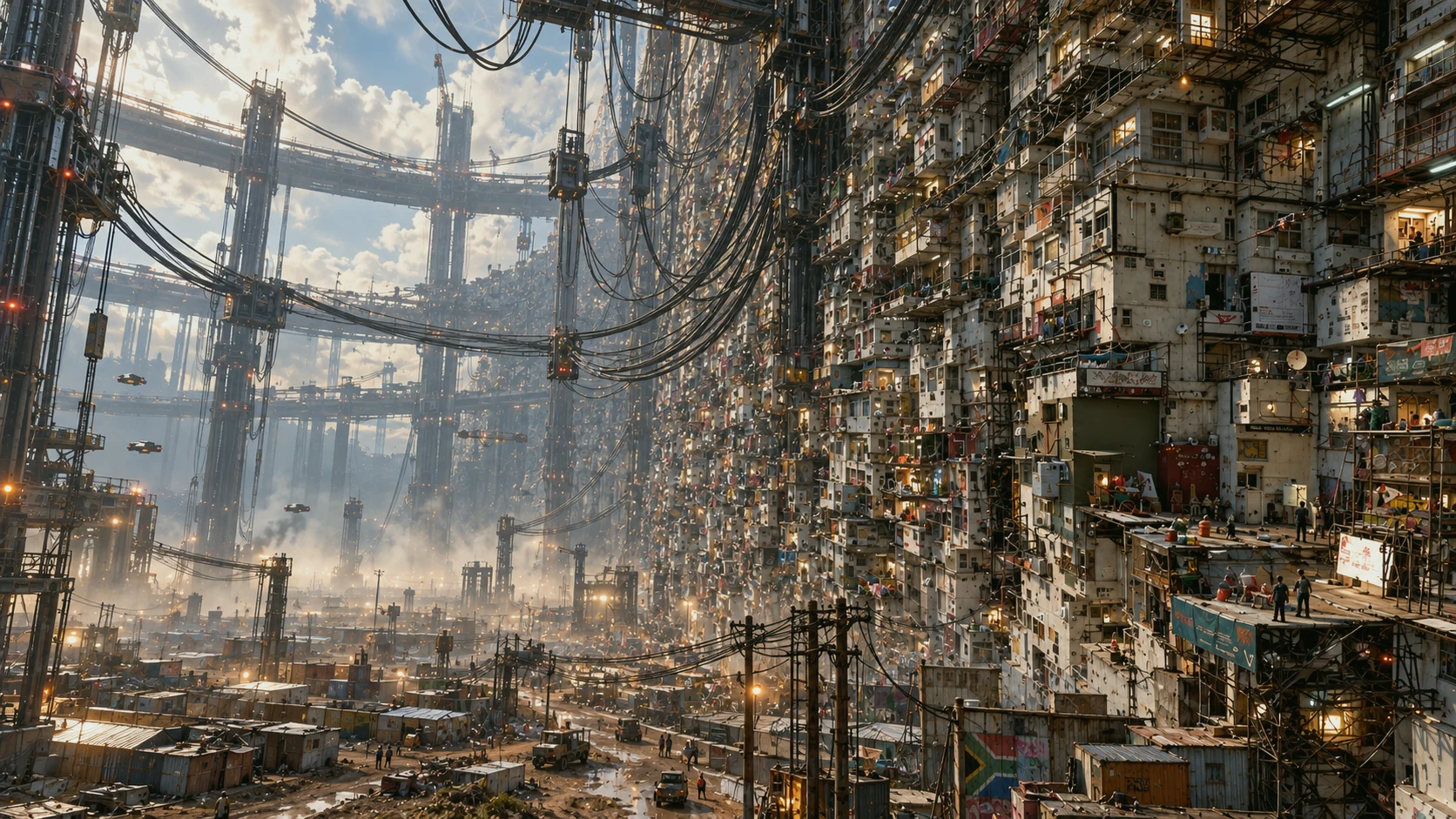 A layered city connected by cables and elevated links