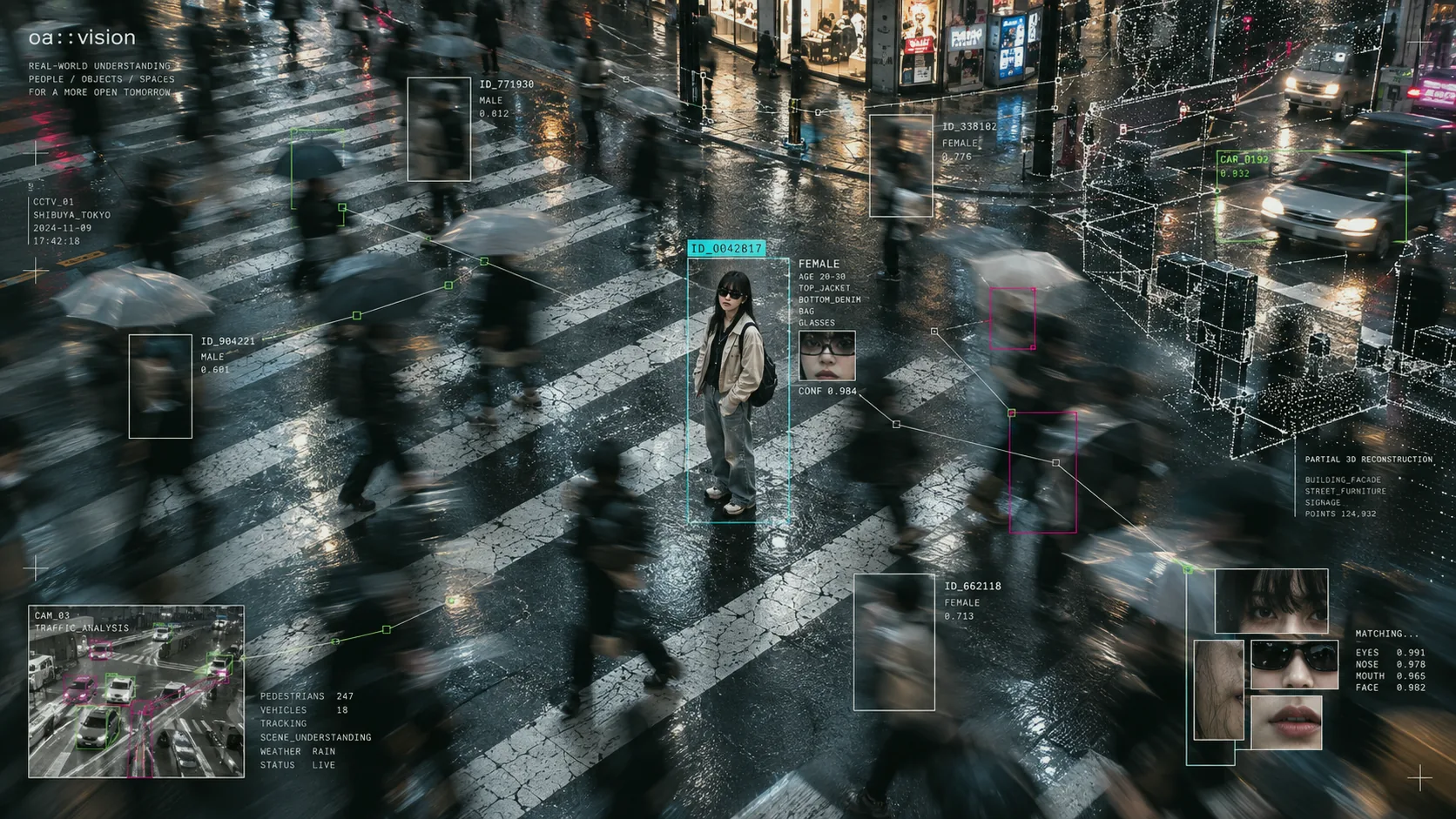 Pedestrians detected and tracked on a rain-soaked city crossing