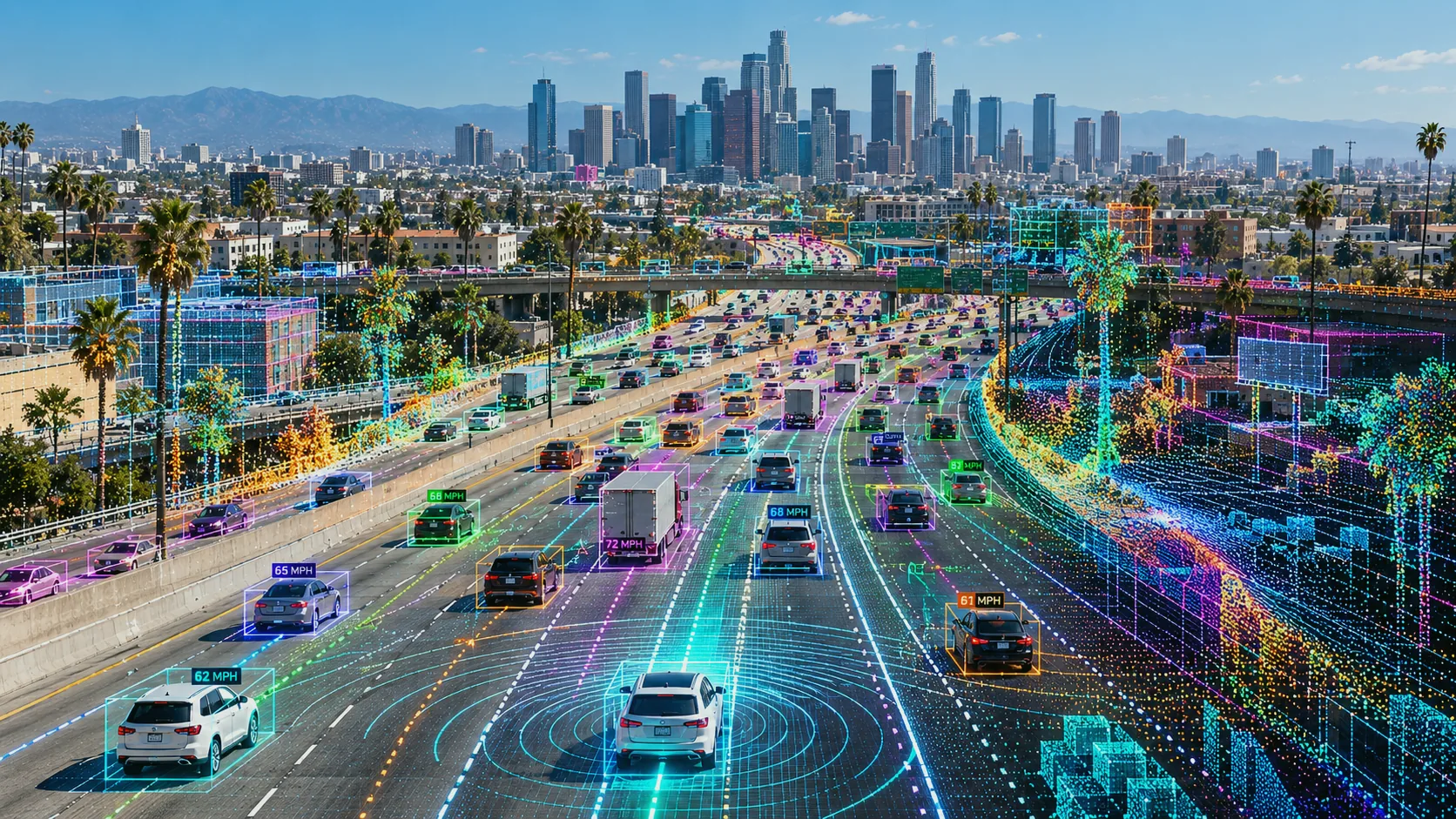 City traffic mapped with colourful computer-vision traces