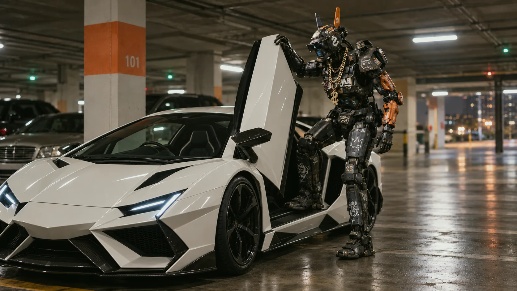 A robotic figure beside a sports car in a garage
